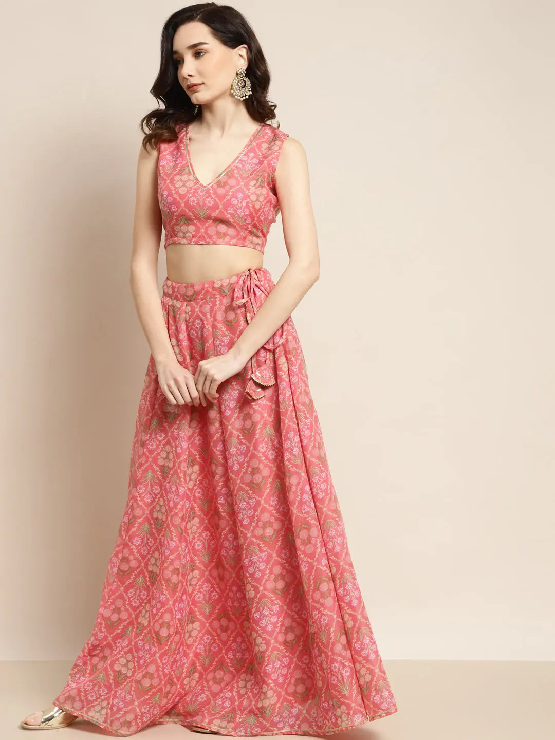 Peach Mughal Floral Anarkali Skirt Set - Women's Lehenga