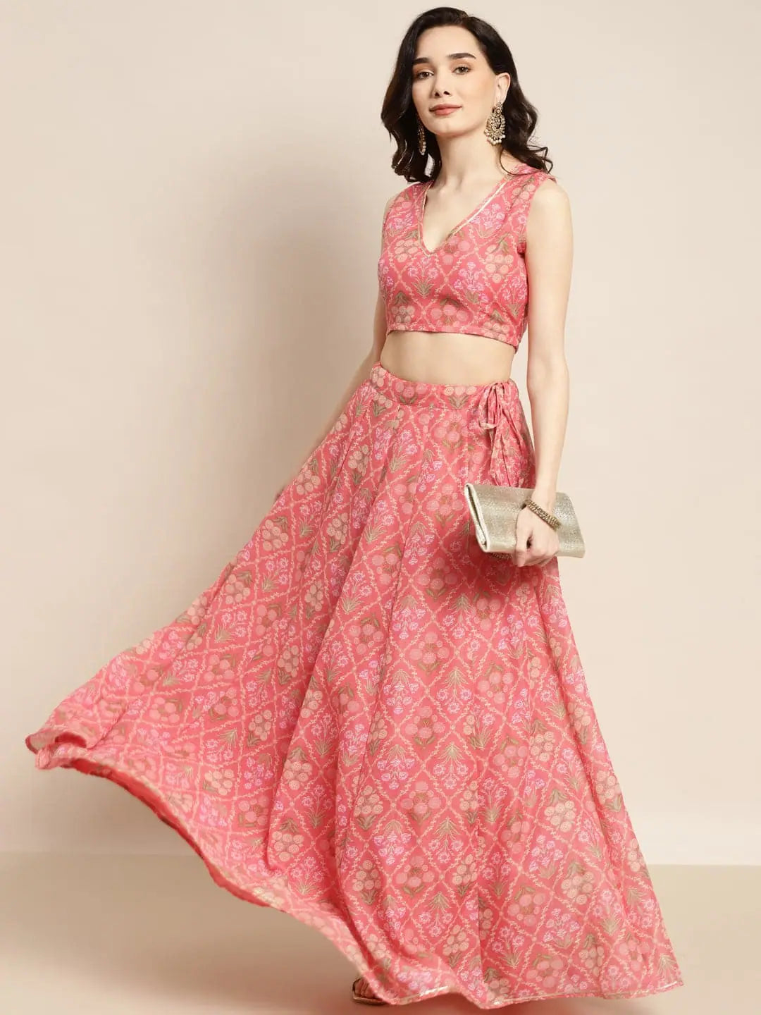 Peach Mughal Floral Anarkali Skirt Set - Women's Lehenga