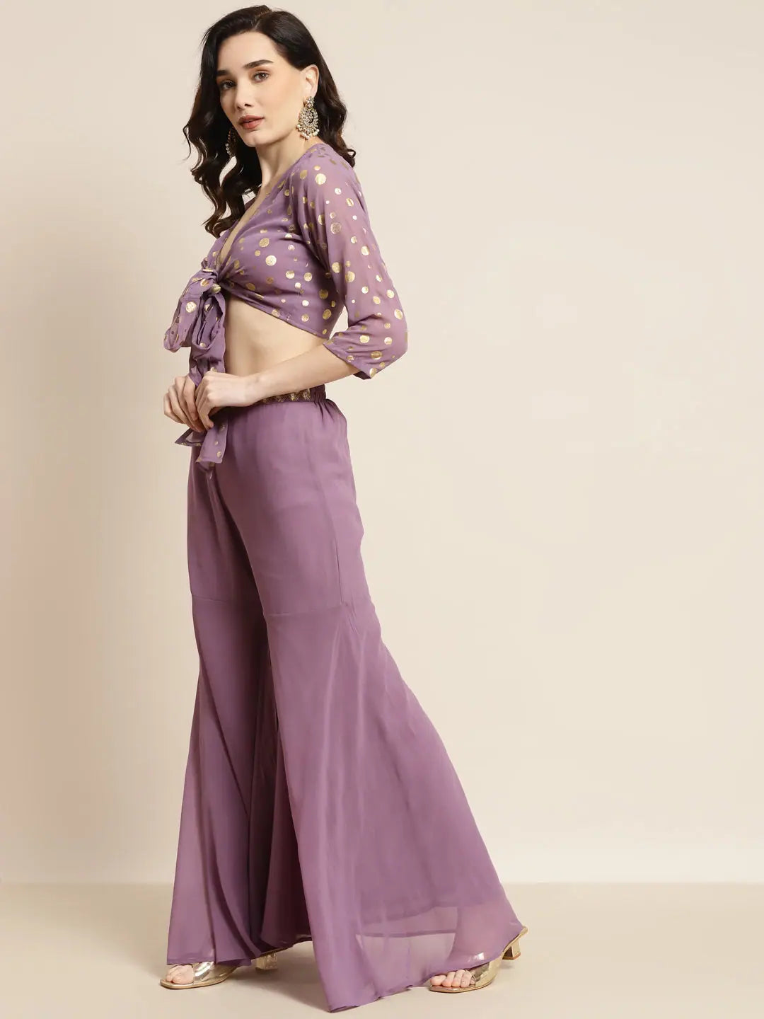 Purple Foil Print Crop Top with Sharara Pants - Indian Suits
