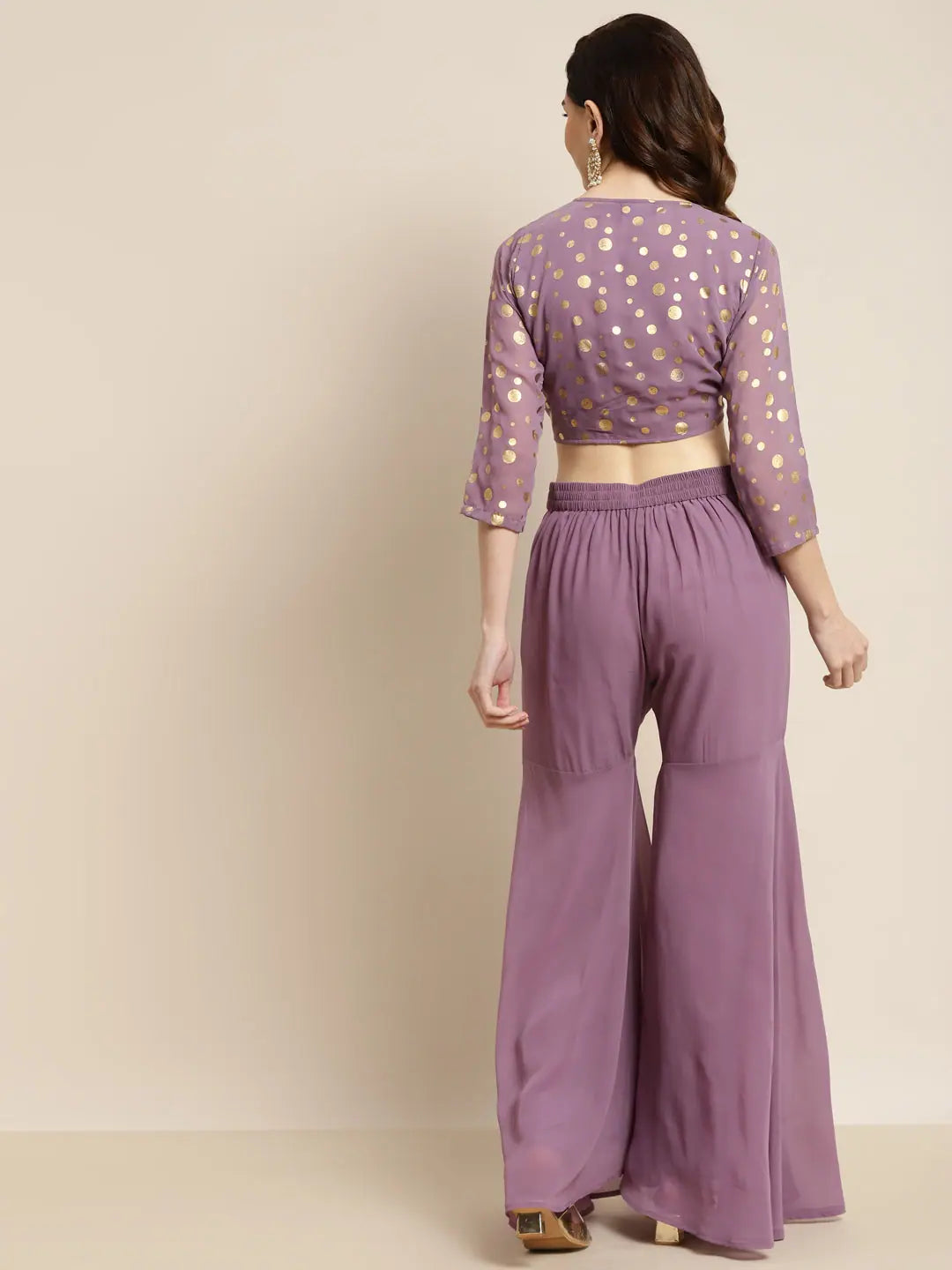 Purple Foil Print Crop Top with Sharara Pants - Indian Suits