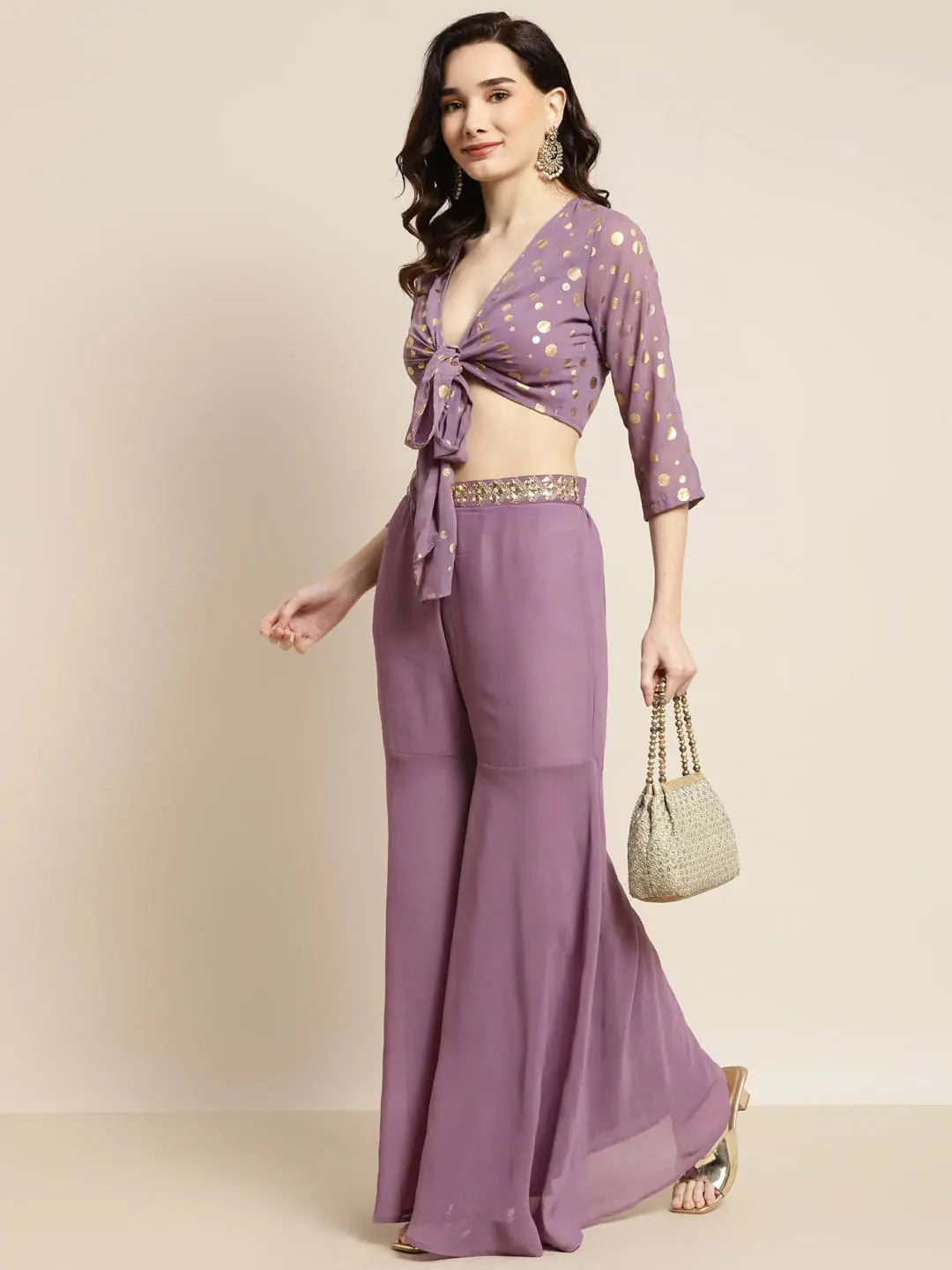 Purple Foil Print Crop Top with Sharara Pants - Indian Suits