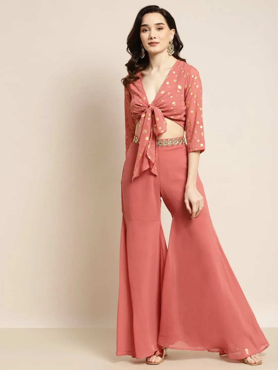 Rust Foil Print Crop Top with Sharara Pants - Indian Suit Set