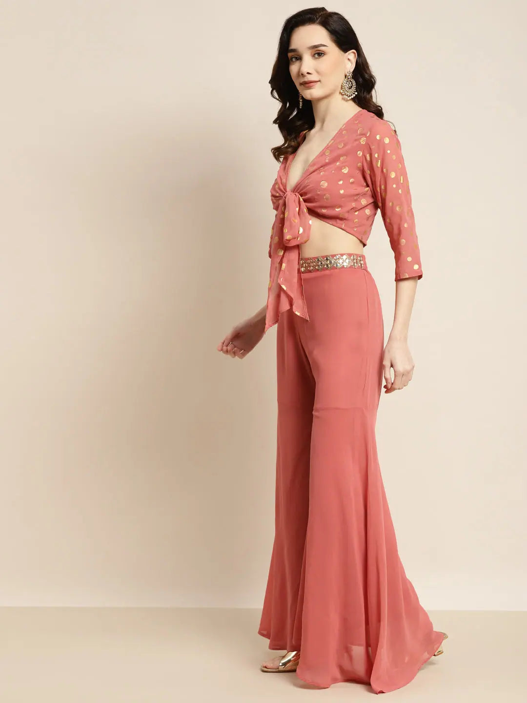 Rust Foil Print Crop Top with Sharara Pants - Indian Suit Set