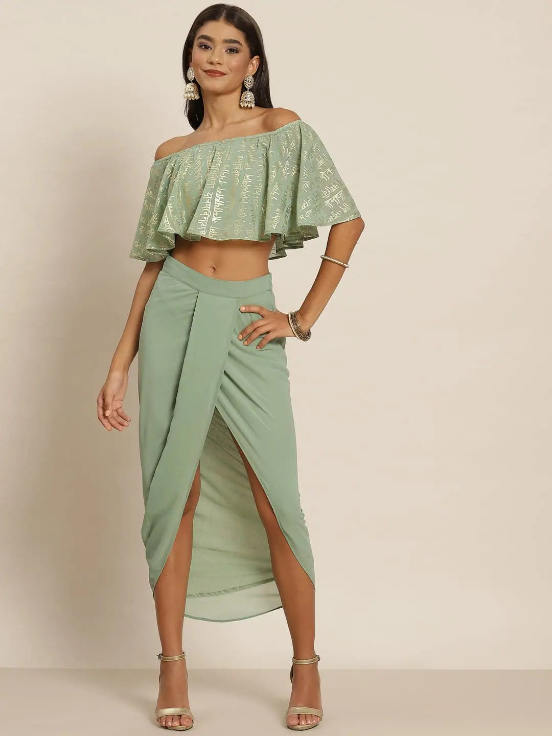 Green Foil Crop Top & Dhoti Skirt | Women's Designer Lehenga