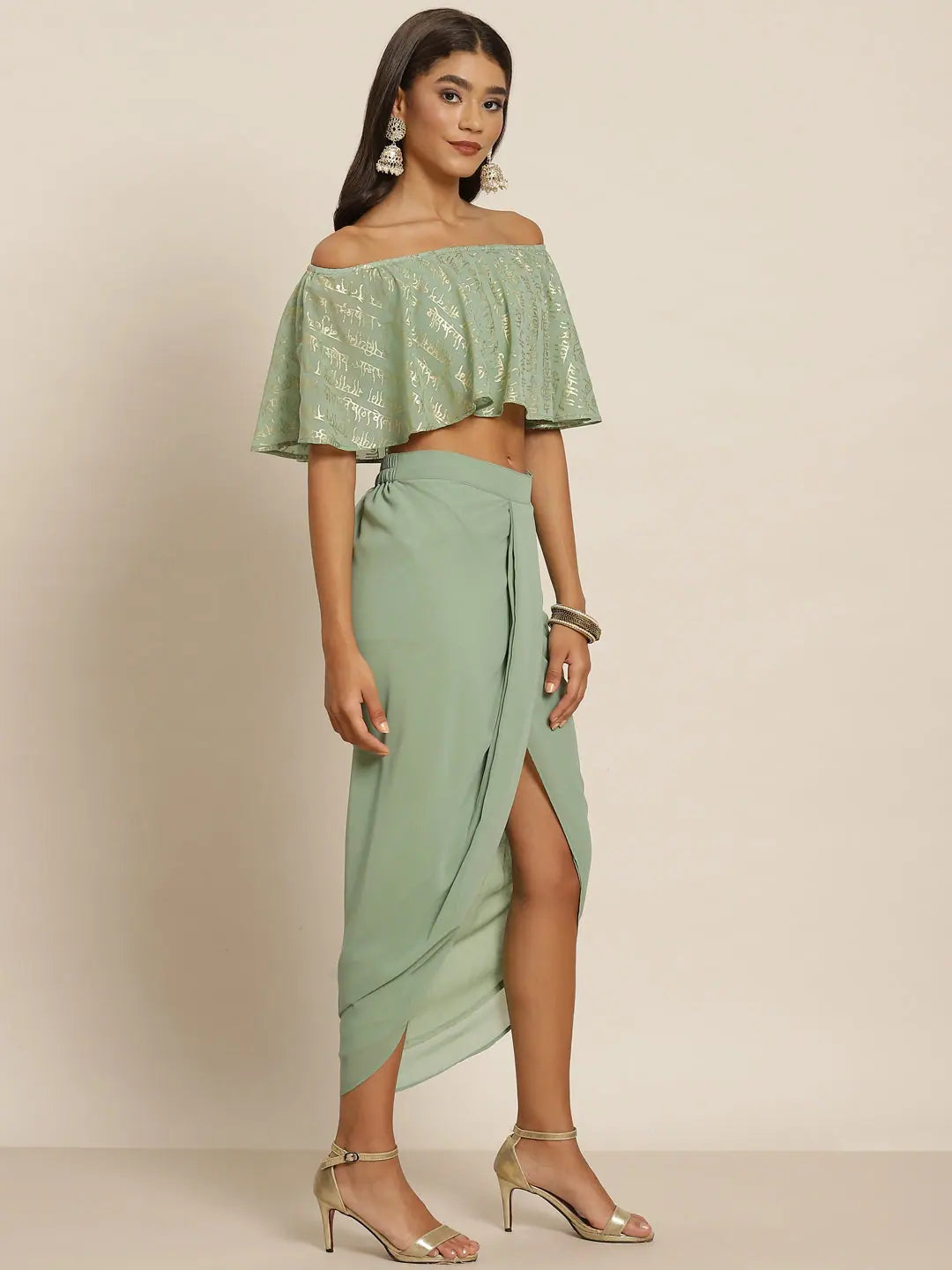 Green Foil Crop Top & Dhoti Skirt | Women's Designer Lehenga