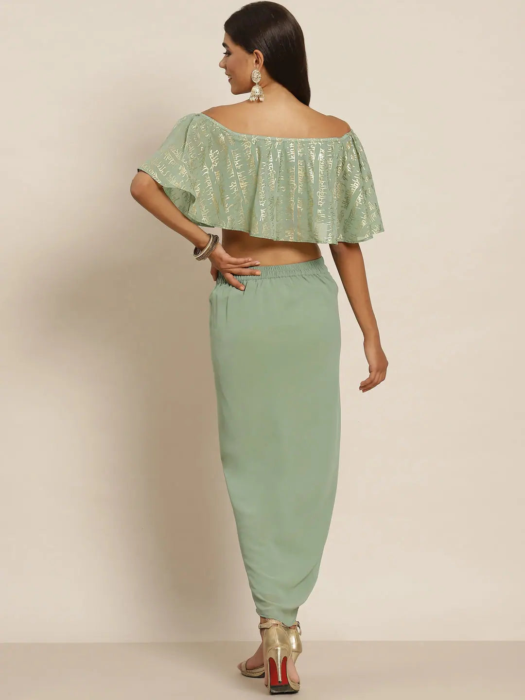 Green Foil Crop Top & Dhoti Skirt | Women's Designer Lehenga