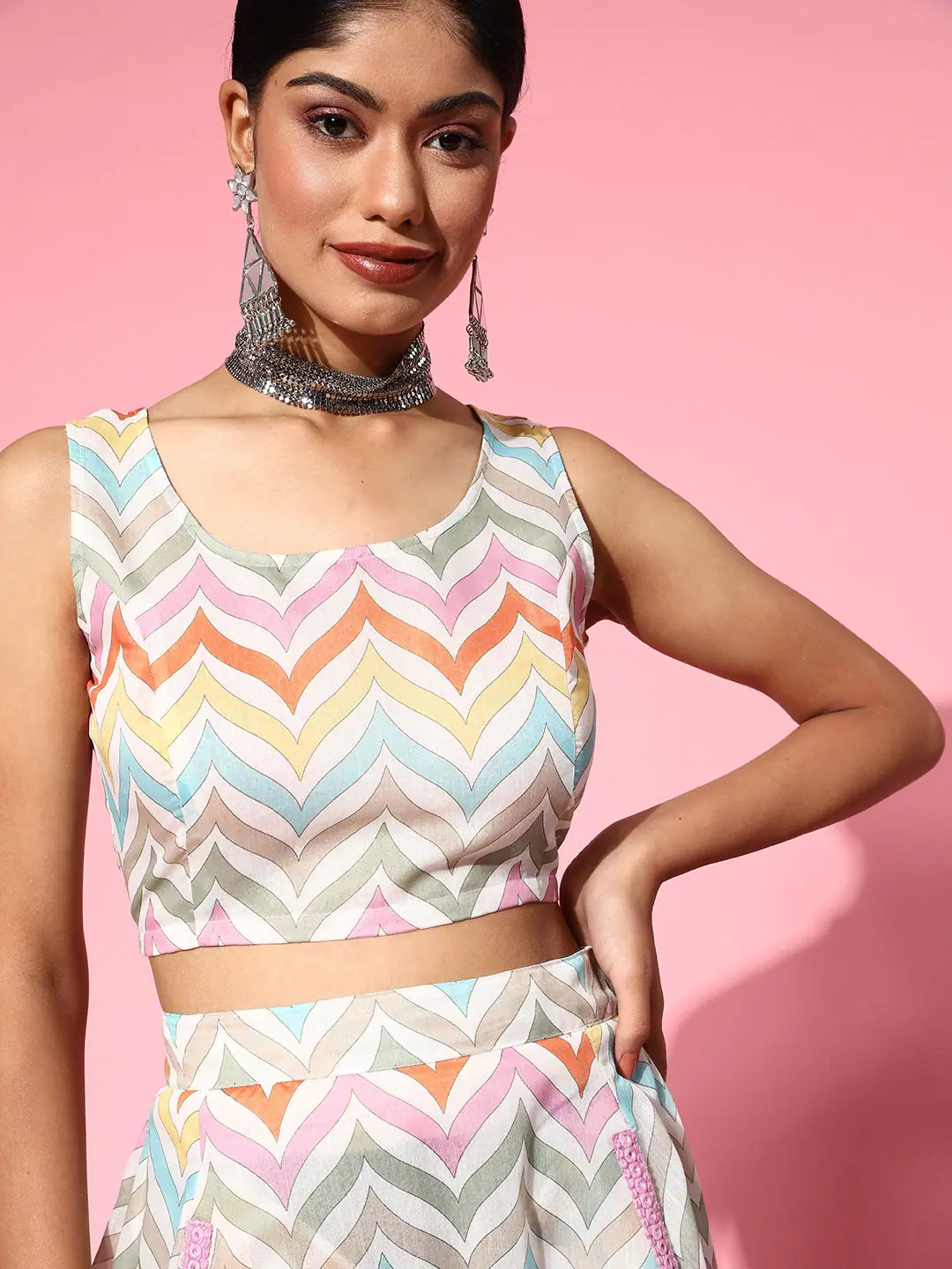 Multi Stripe Crop Top with Anarkali Skirt | Women's Ethnic Leh...