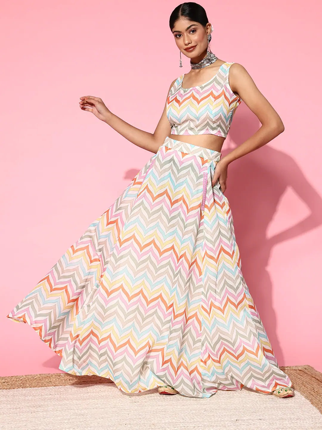 Multi Stripe Crop Top with Anarkali Skirt | Women's Ethnic Leh...