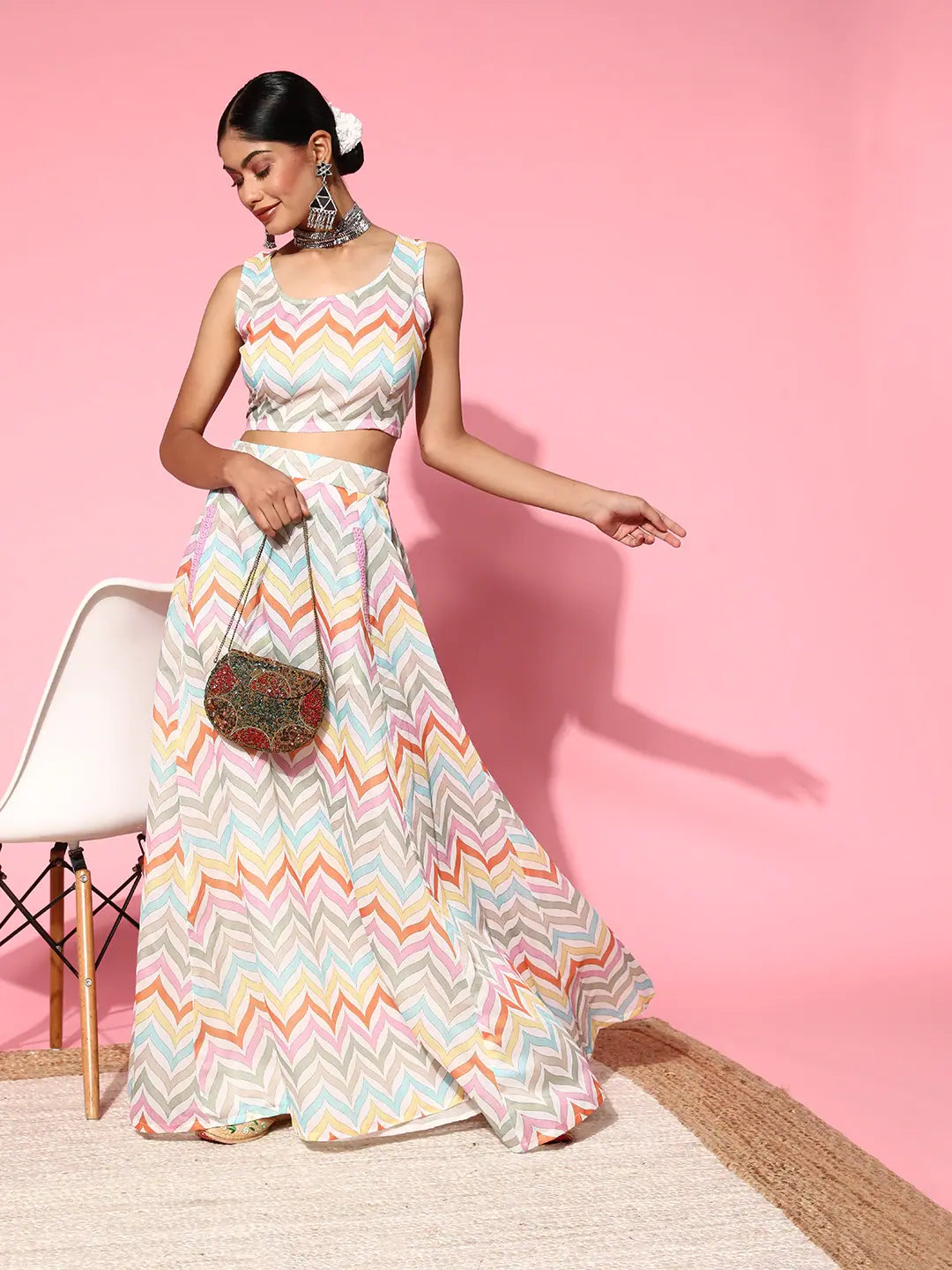 Multi Stripe Crop Top with Anarkali Skirt | Women's Ethnic Leh...