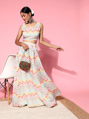 Women Multi Stripe Crop Top with Anarkali Skirt