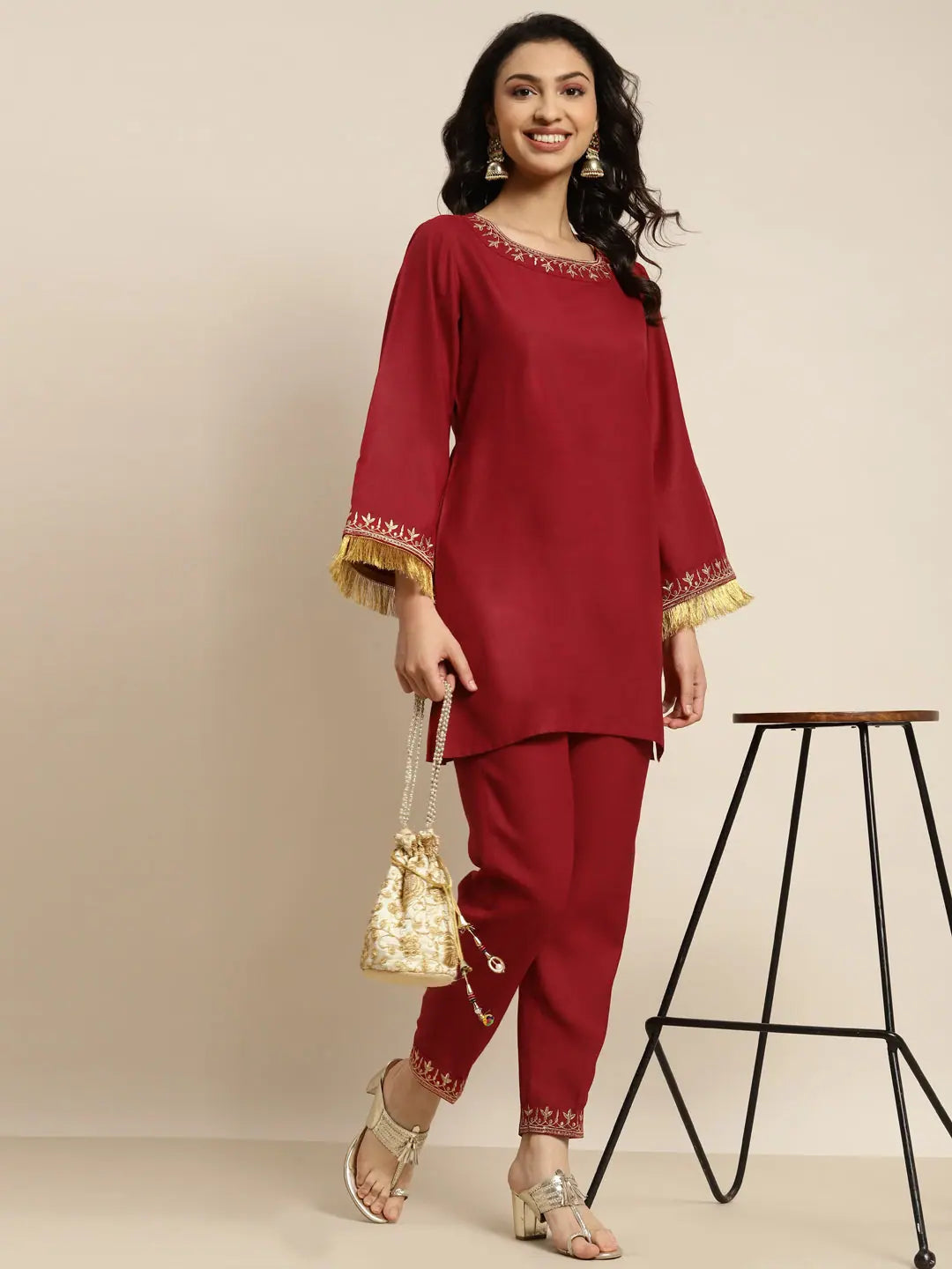 Maroon Embroidered Pencil Pants - Designer Ethnic Pants Online