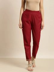 Women Maroon Embroidered Pencil Pants