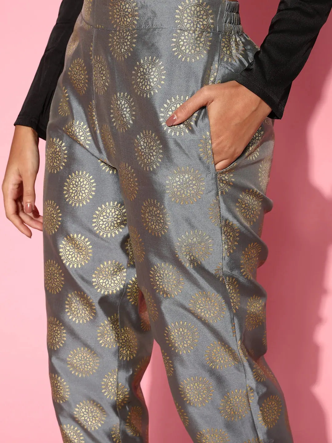 Grey Brocade Jacquard Pencil Pants - Ethnic Pants for Women