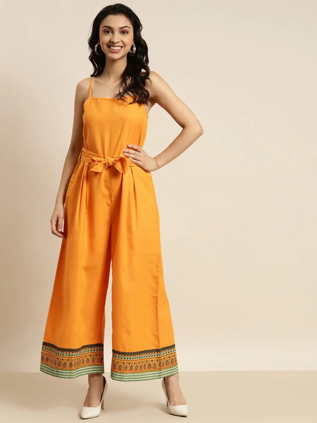 Women's Printed Yellow Jumpsuit: Festive Outfit, Lehenga Style
