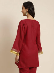Women Maroon Embroidered Short Kurta