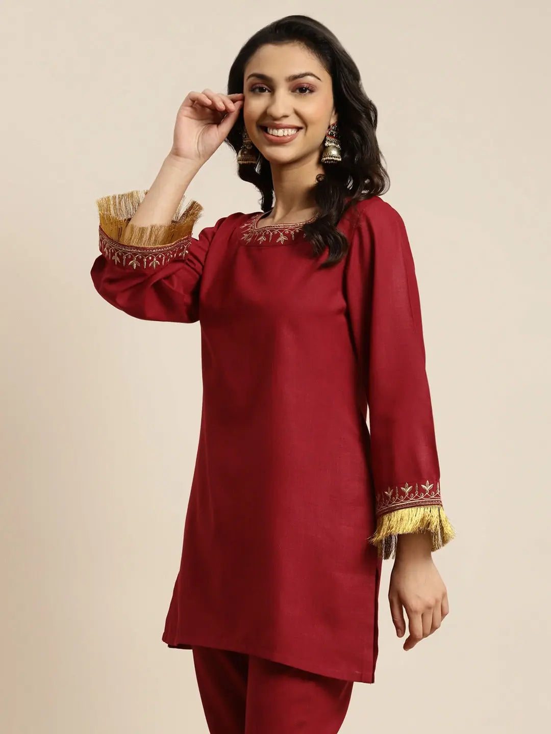 Maroon Embroidered Indian Kurta for Women - Short Tunic Top