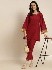 Women Maroon Embroidered Short Kurta