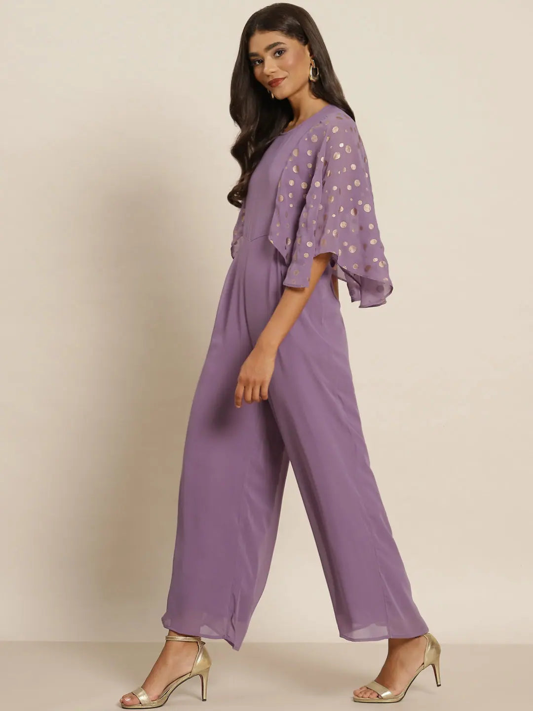 Solid Purple Women's Jumpsuit: Flared Sleeve, Party Wear