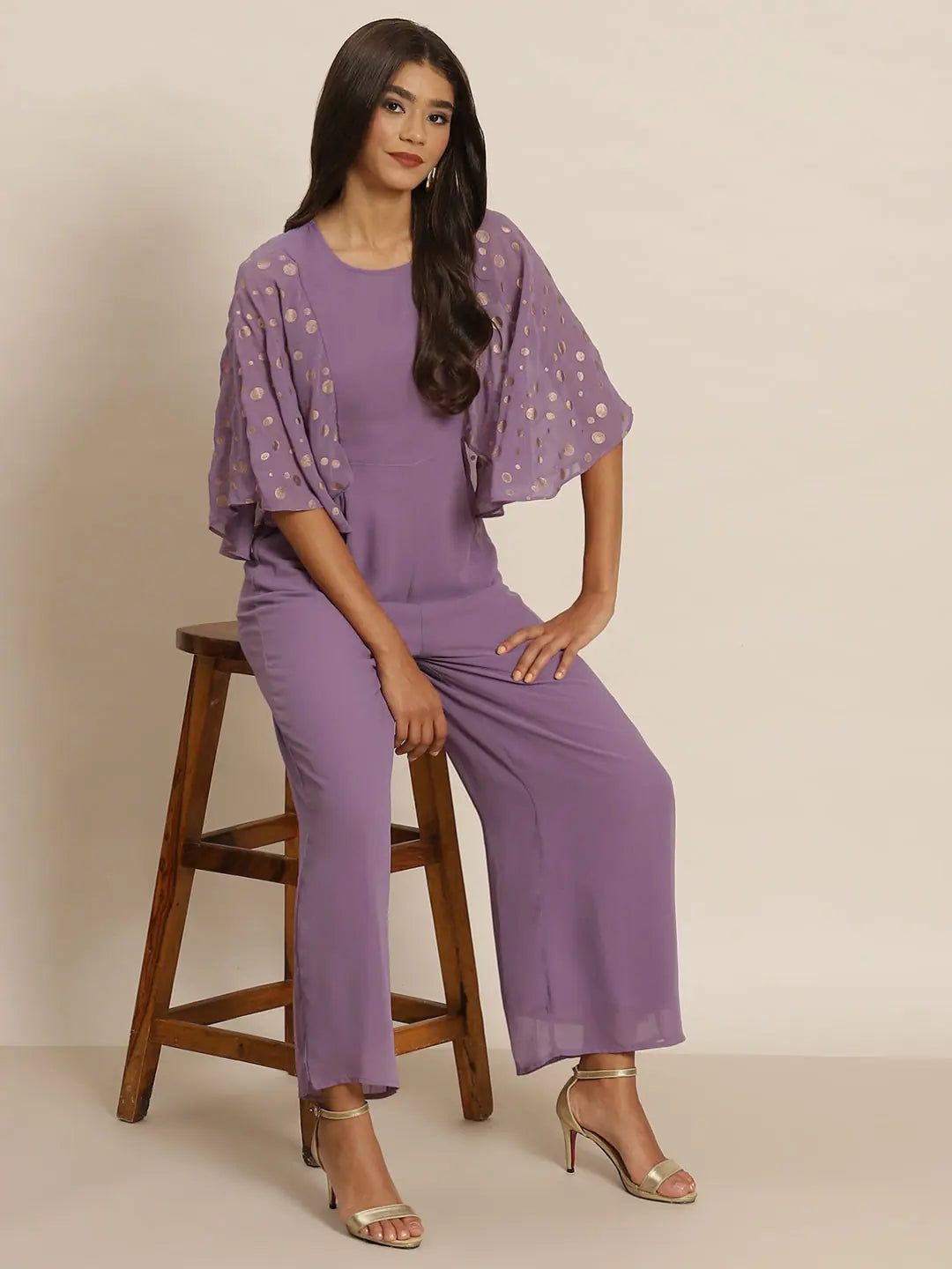 Solid Purple Women's Jumpsuit: Flared Sleeve, Party Wear