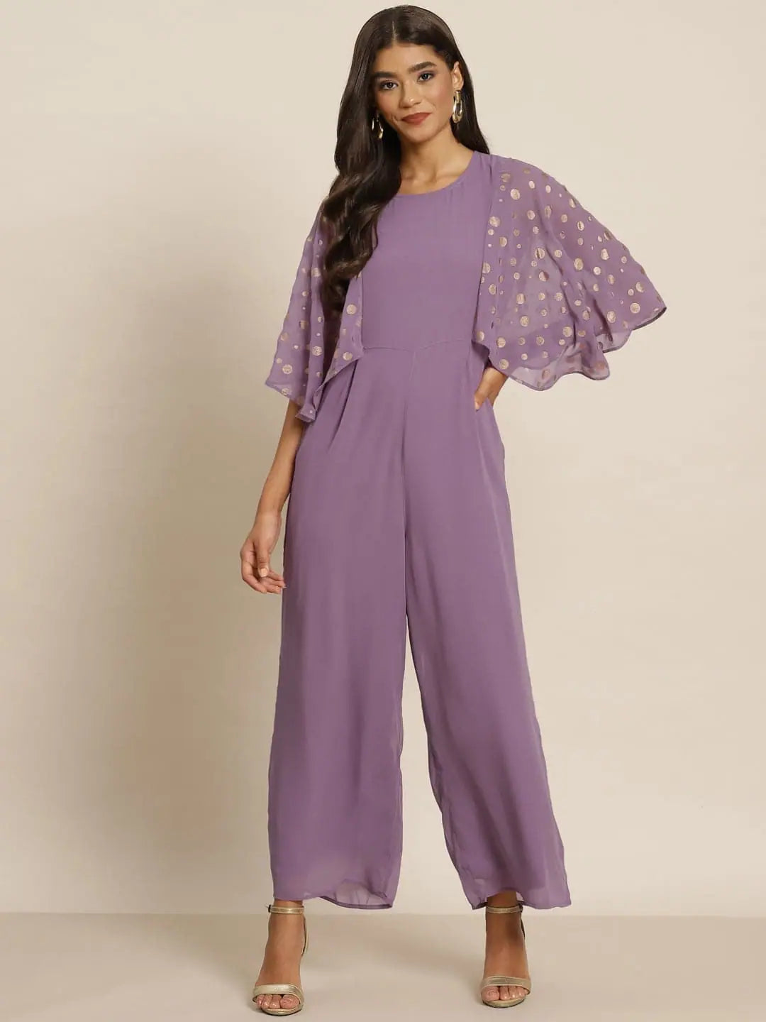 Solid Purple Women's Jumpsuit: Flared Sleeve, Party Wear