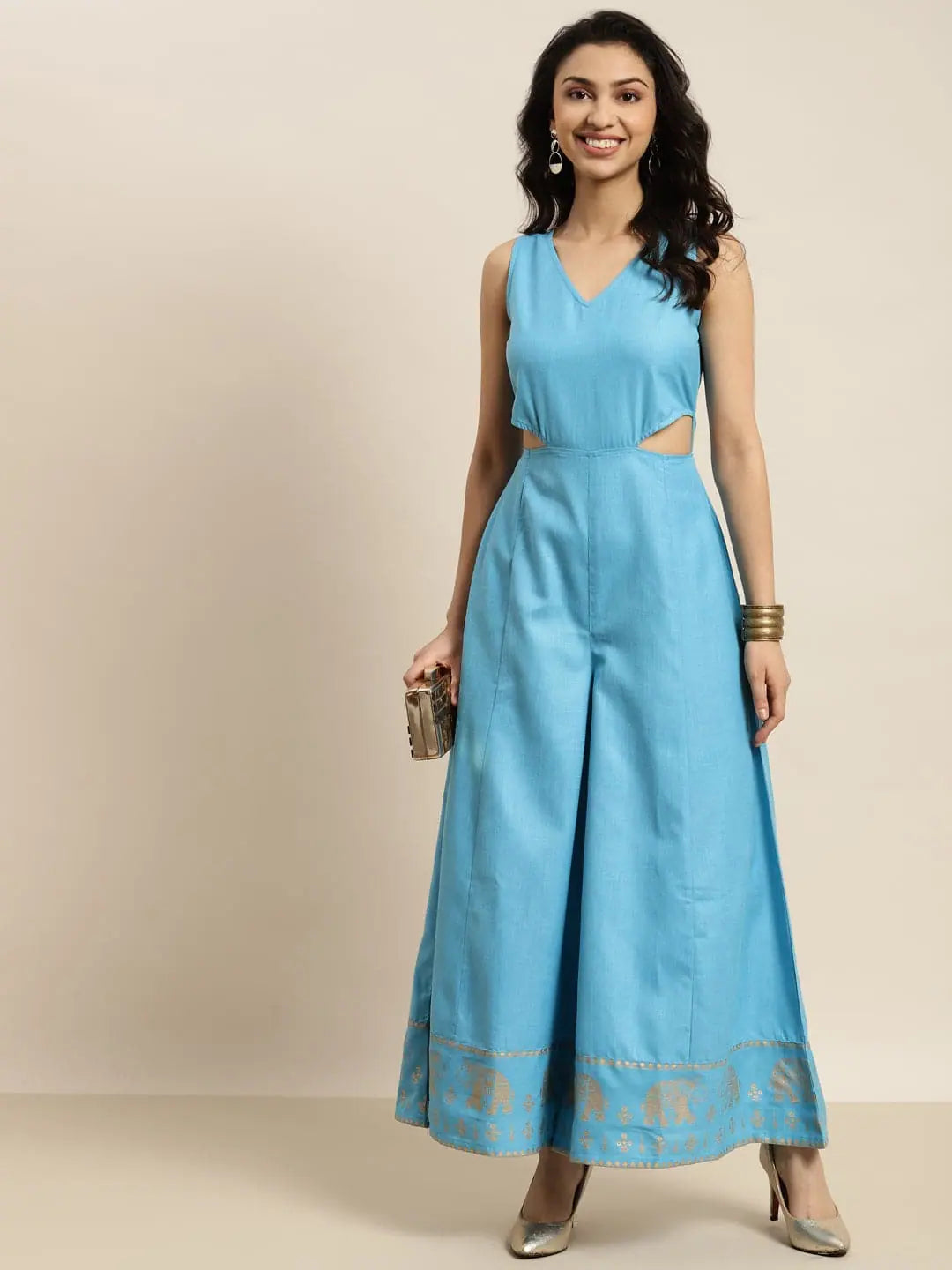 Printed Blue Jumpsuit - Women's Elephant Border Jumpsuit