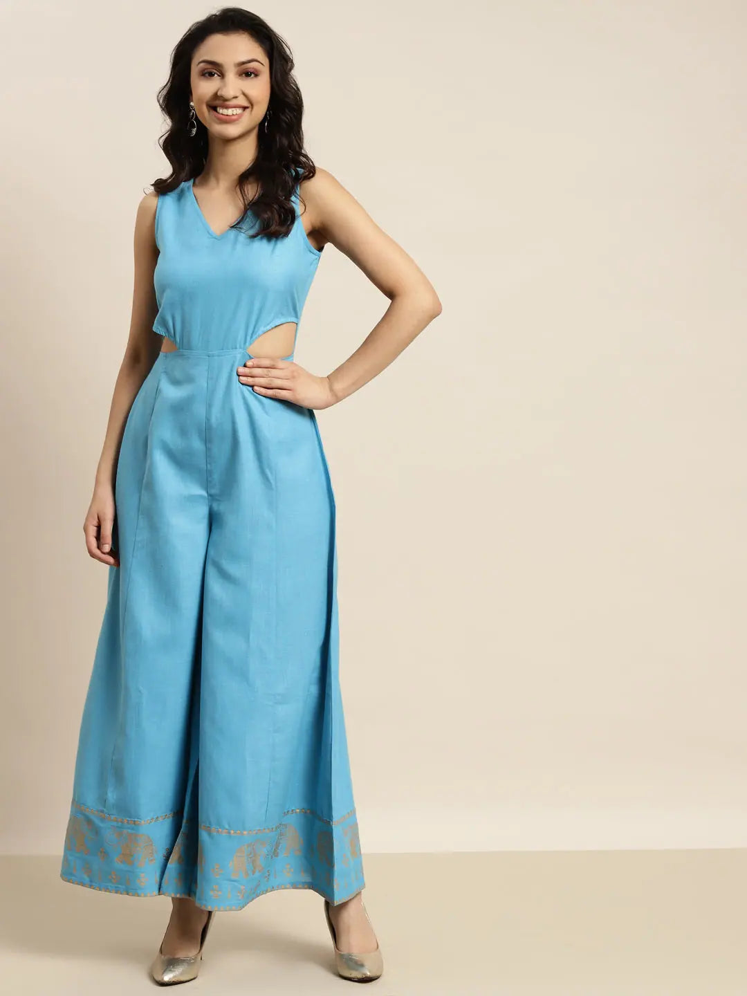 Printed Blue Jumpsuit - Women's Elephant Border Jumpsuit