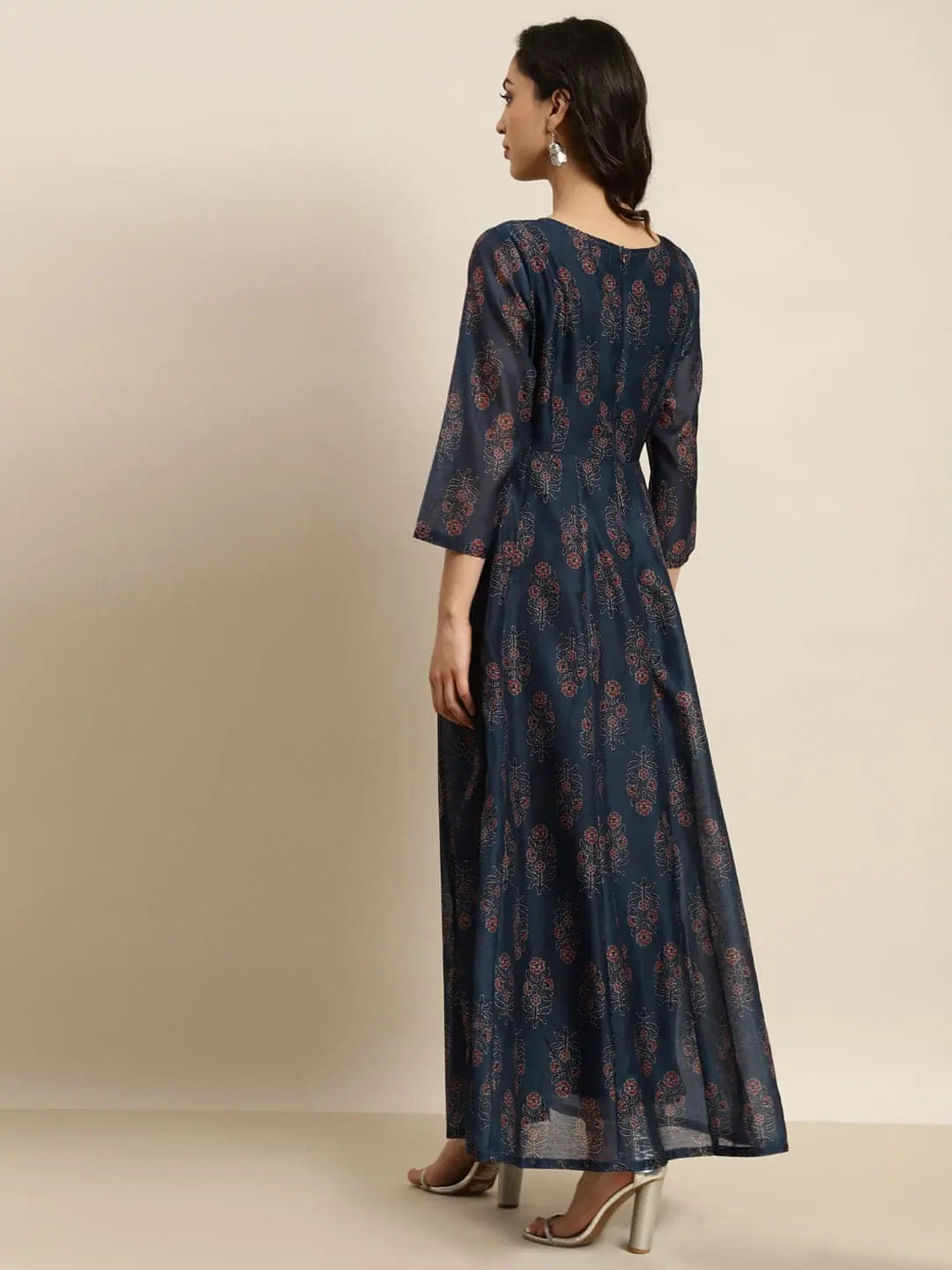 Navy Chanderi Floral Anarkali Maxi Dress for Women