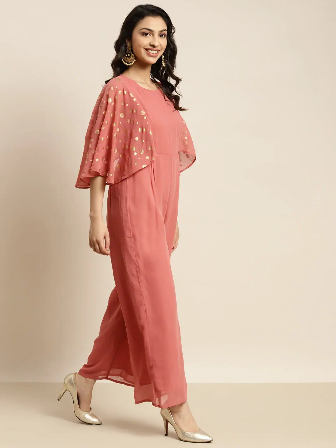 Rust Jumpsuit for Women - Foil Print Flared Sleeve Jumpsuit