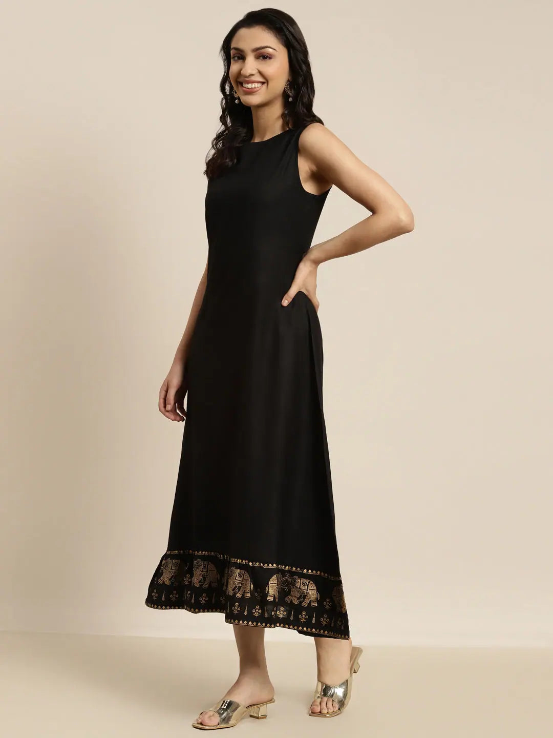 Black Elephant Print Indian Dress - Foil Border Detail