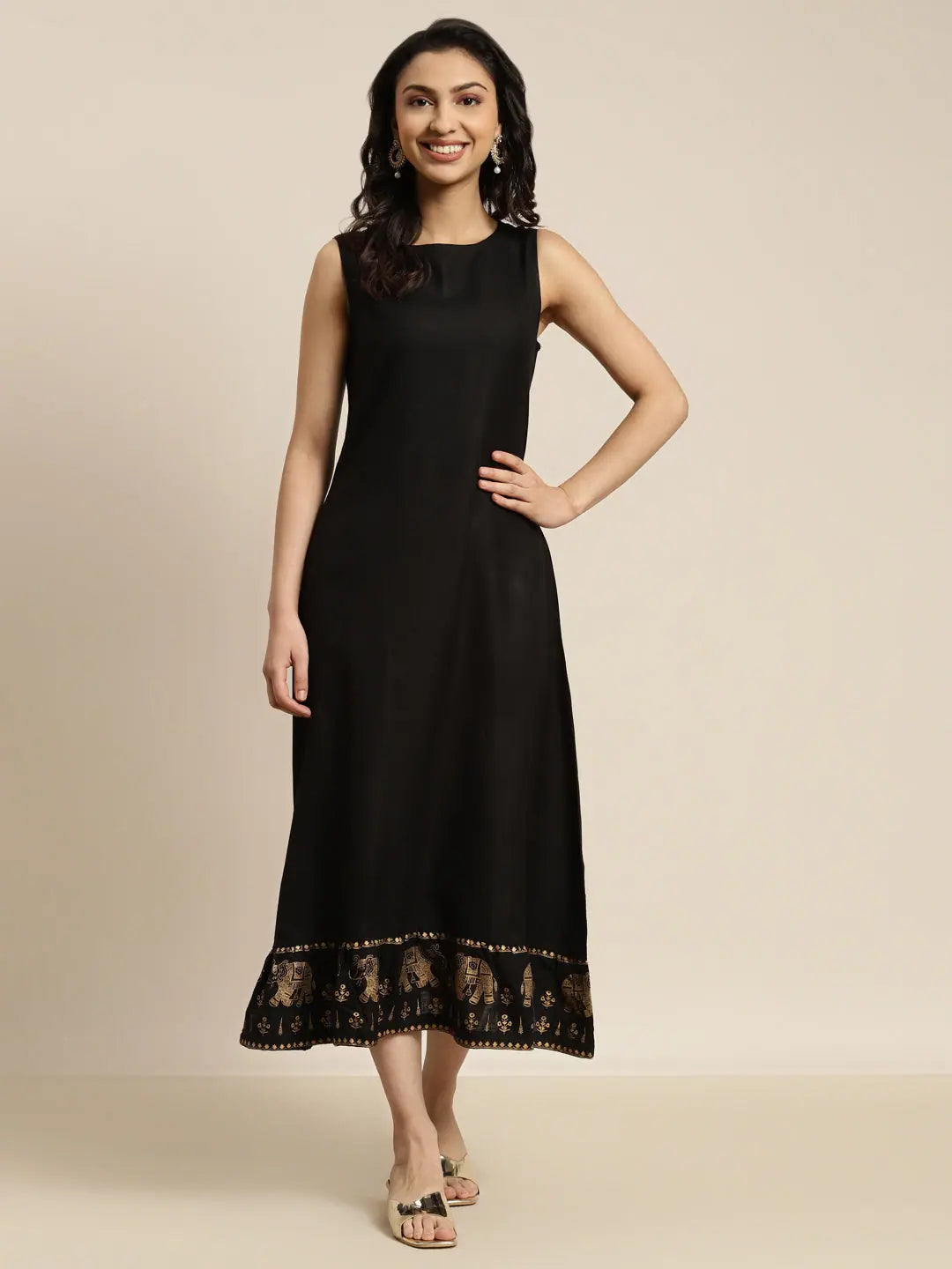 Black Elephant Print Indian Dress - Foil Border Detail