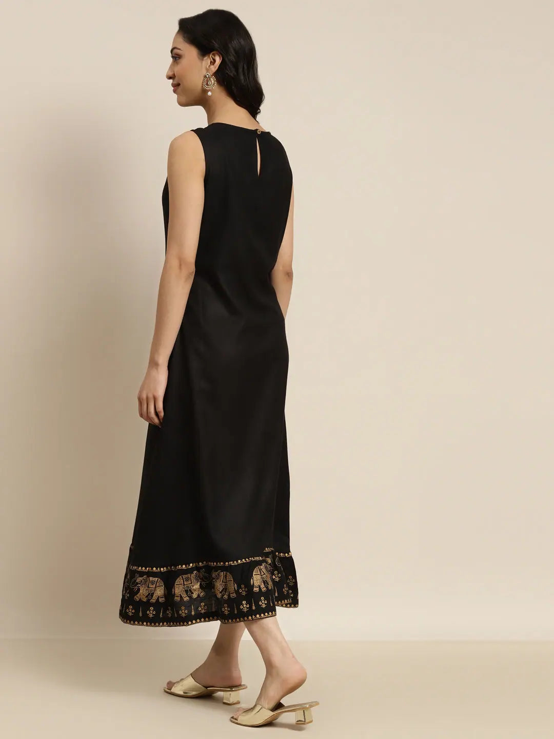 Black Elephant Print Indian Dress - Foil Border Detail