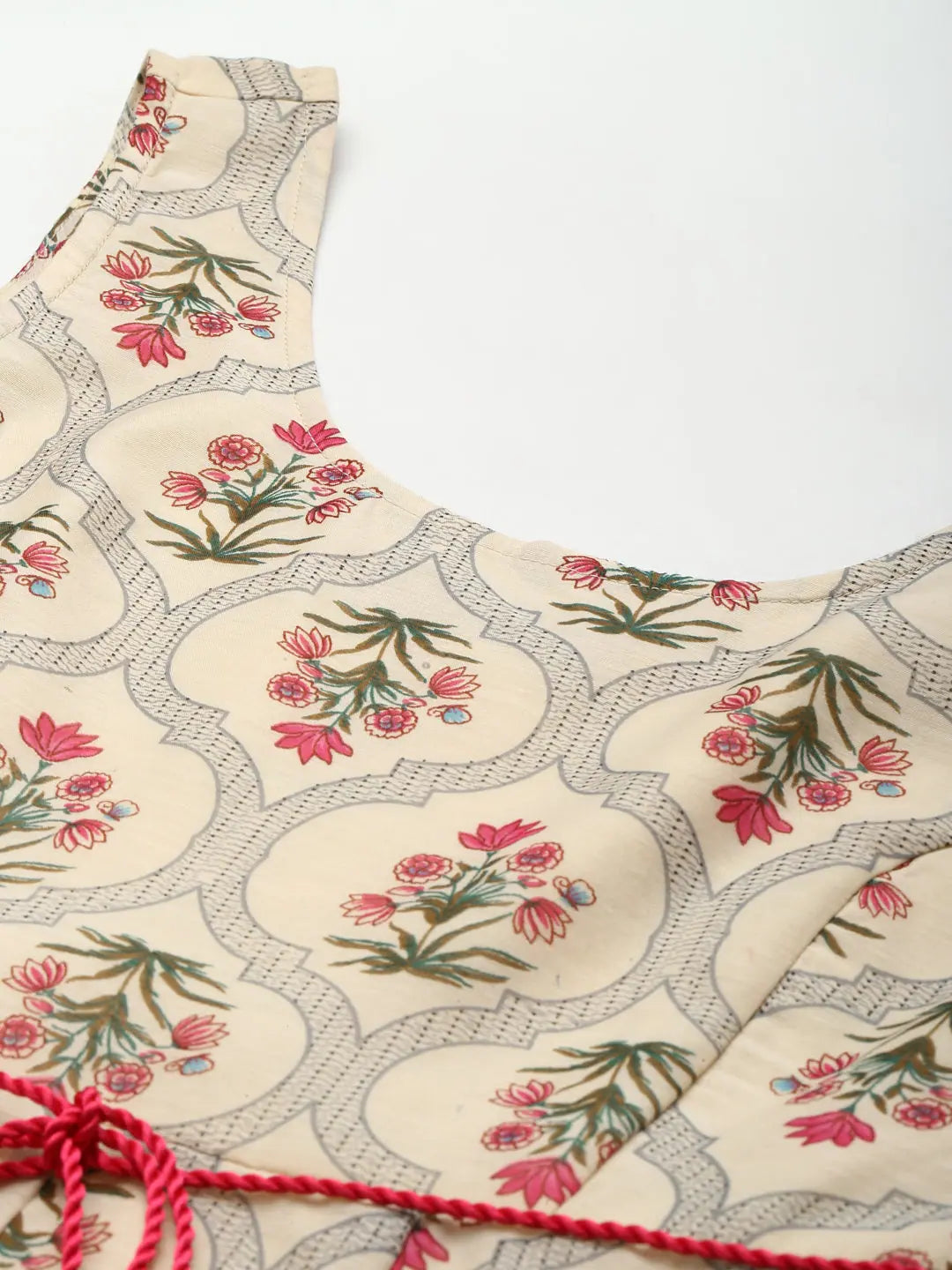 Beige Chanderi Mughal Floral Anarkali Dress for Women