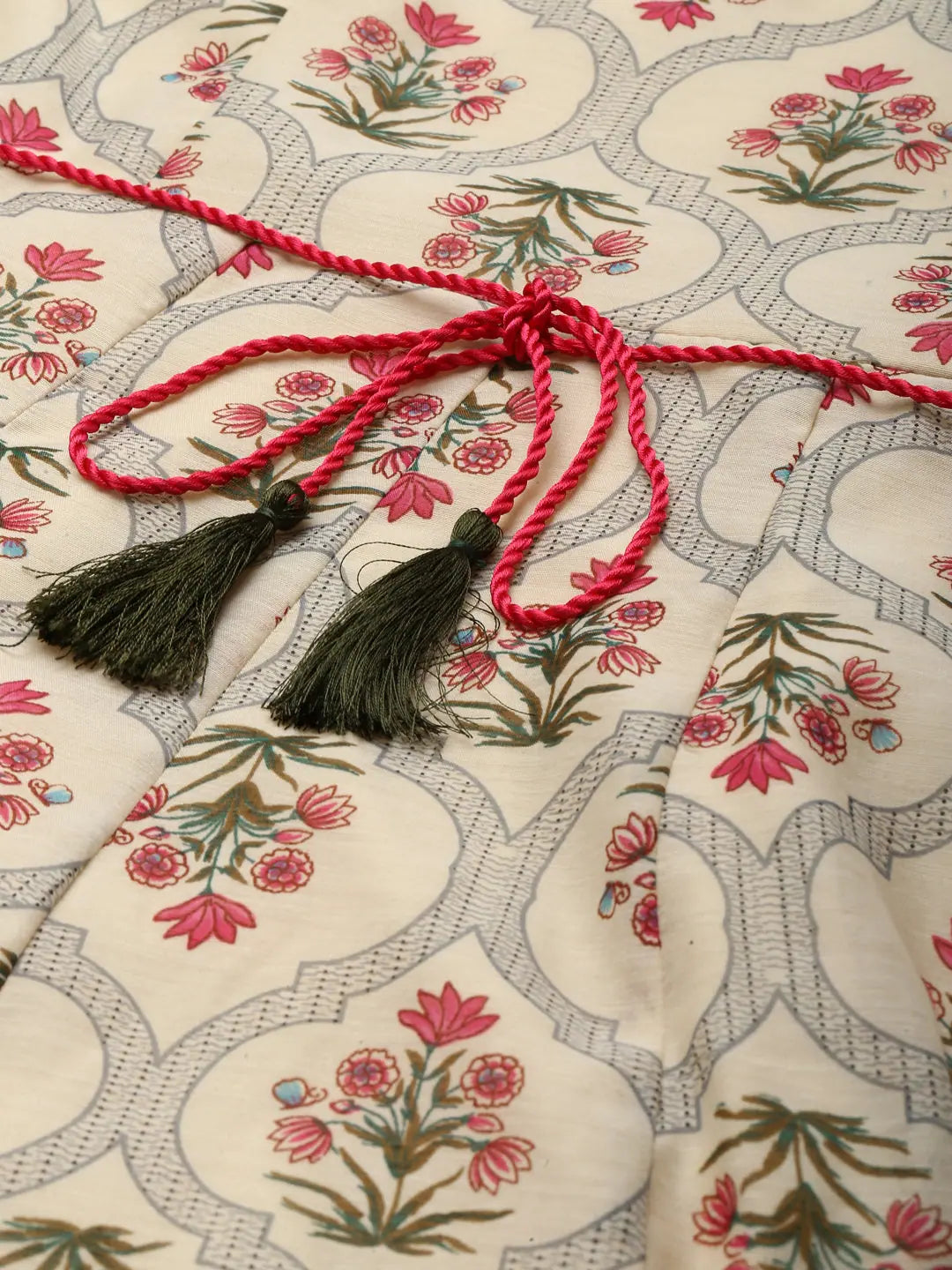 Beige Chanderi Mughal Floral Anarkali Dress for Women