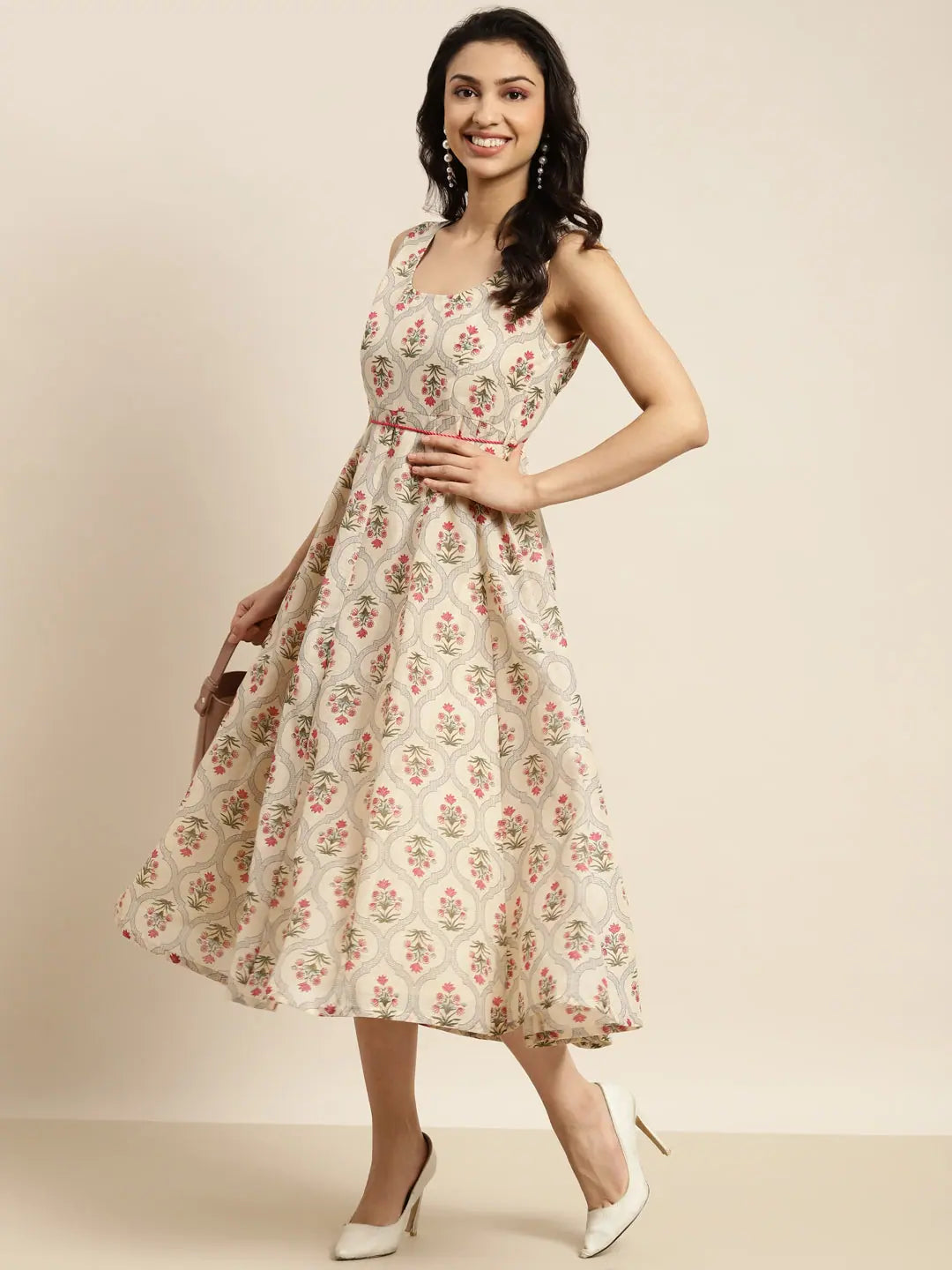 Beige Chanderi Mughal Floral Anarkali Dress for Women