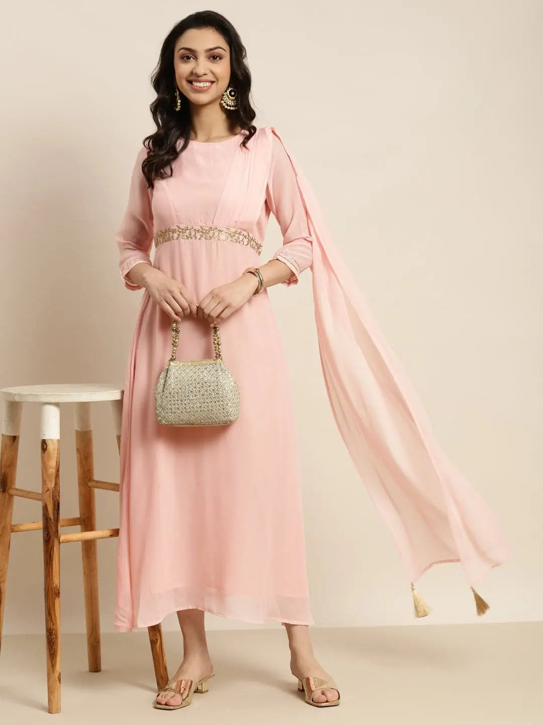 Baked Pink Embroidered Dupatta Dress | Indian Cotton Dresses