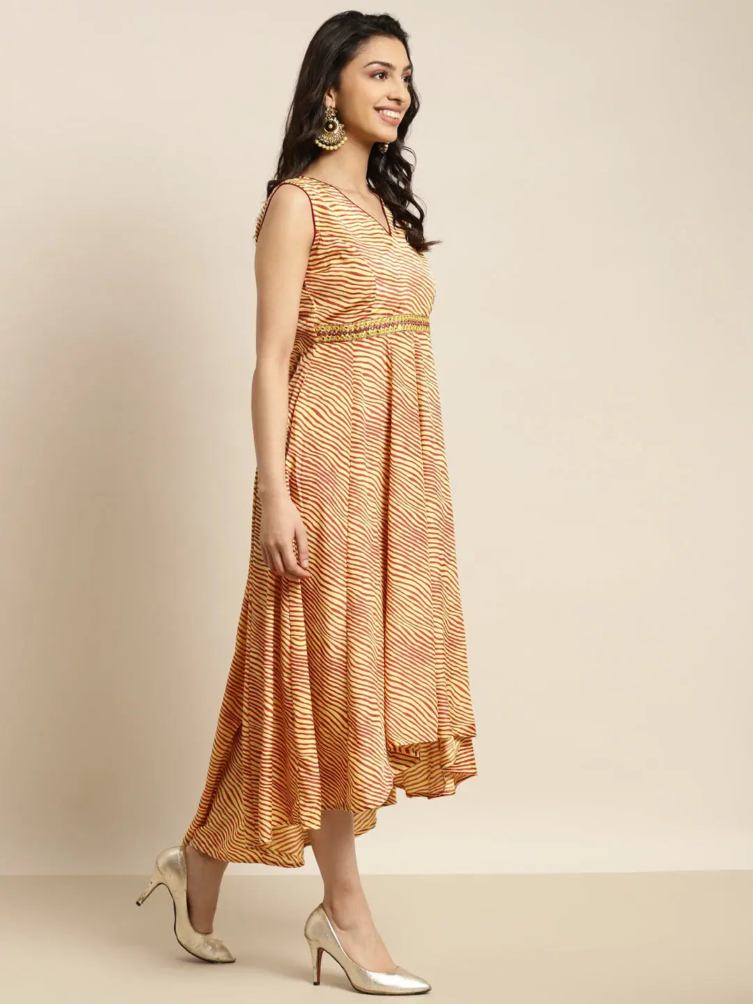 Mustard Lehariya Anarkali Dress | High Low Anarkali Kurti for ...