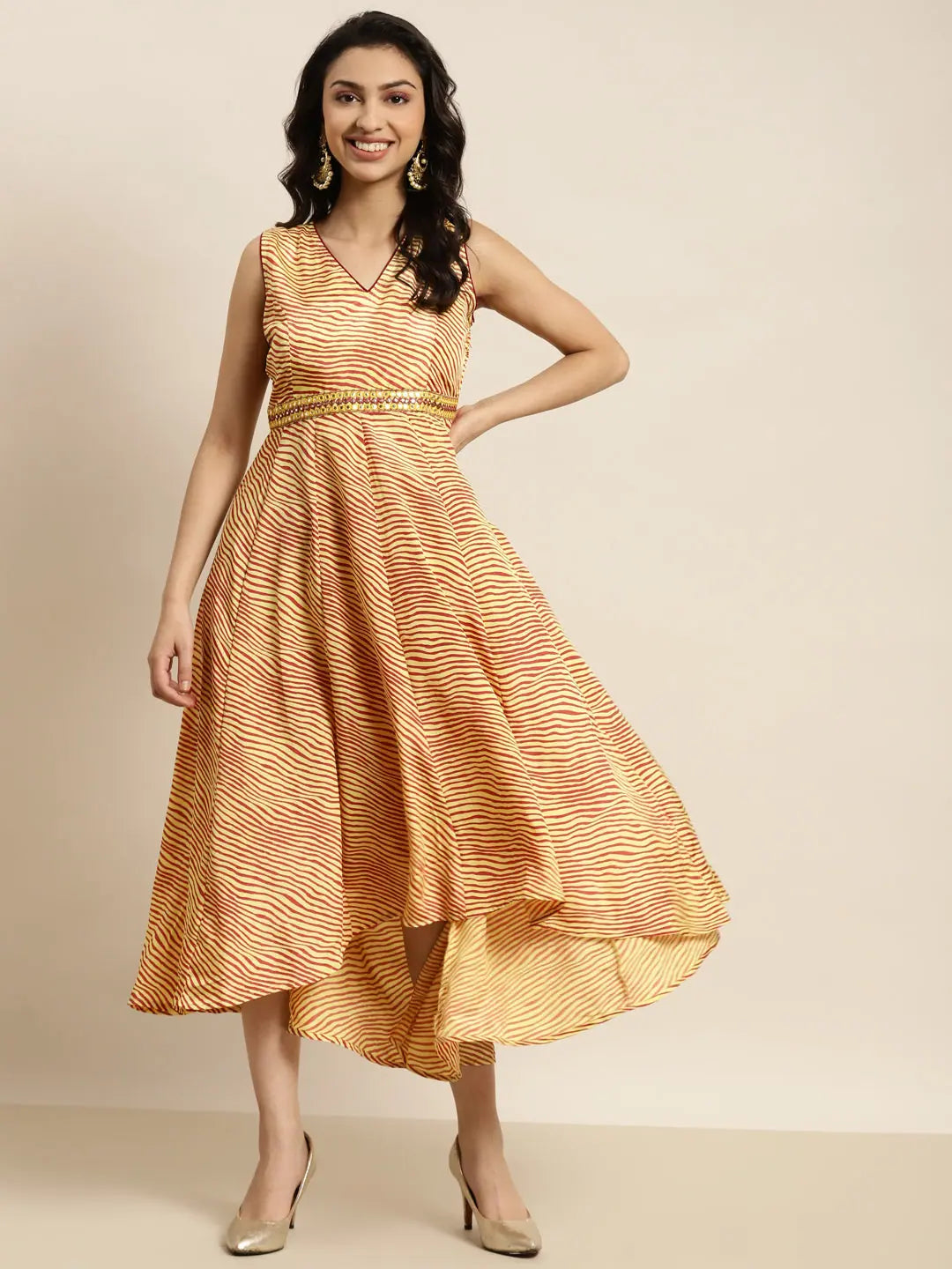 Mustard Lehariya Anarkali Dress | High Low Anarkali Kurti for ...