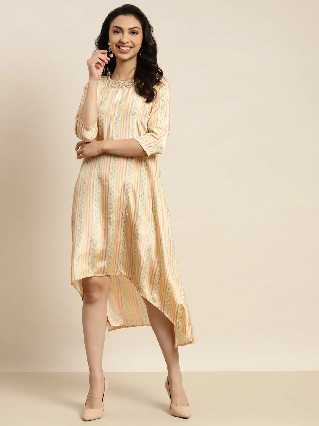 Beige Geometric High Low Dress | Indian Dresses for Women