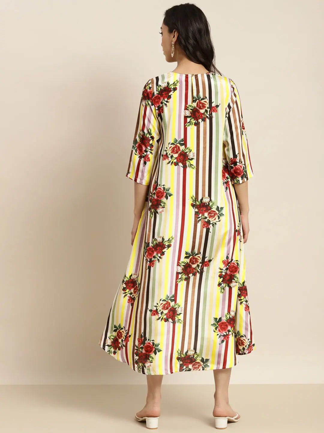White Stripe Floral High Low Dress | Indian Cotton Dresses
