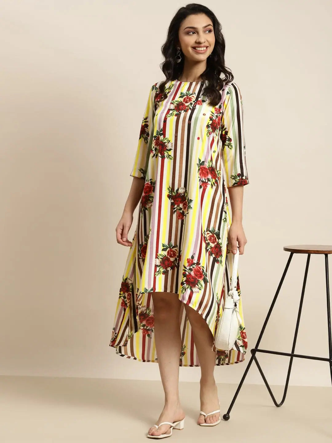 White Stripe Floral High Low Dress | Indian Cotton Dresses