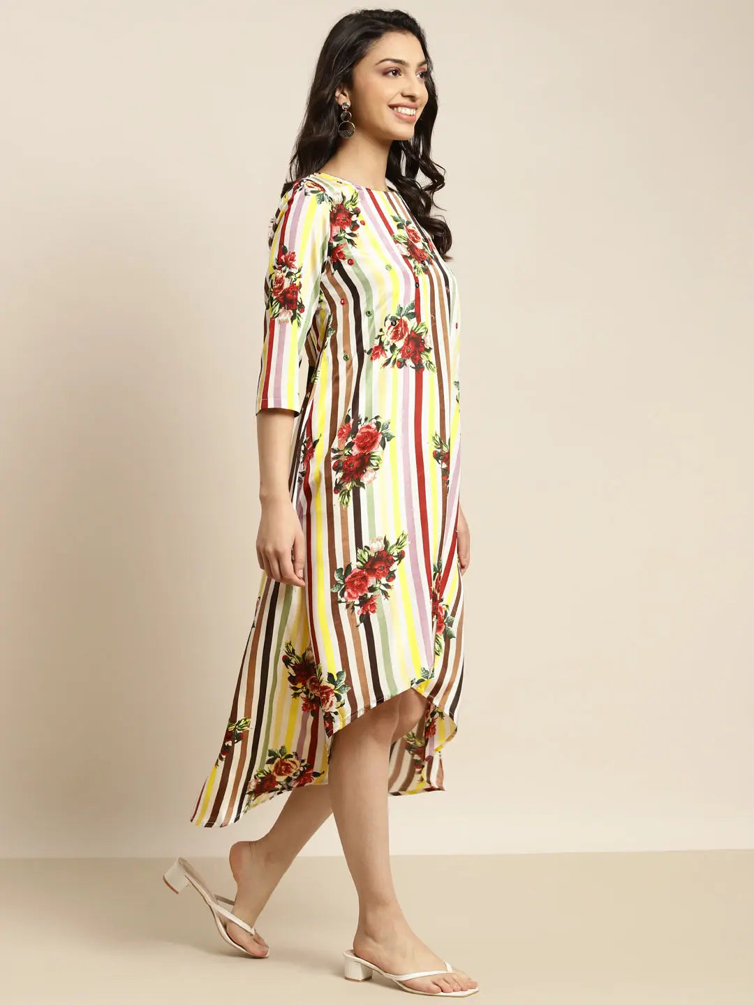 White Stripe Floral High Low Dress | Indian Cotton Dresses