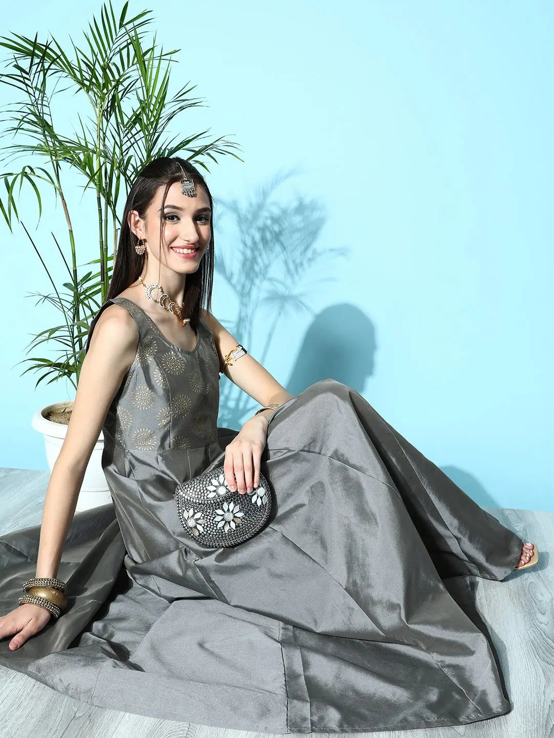 Grey Brocade Anarkali Dress | Sleeveless Anarkali Kurti for Women