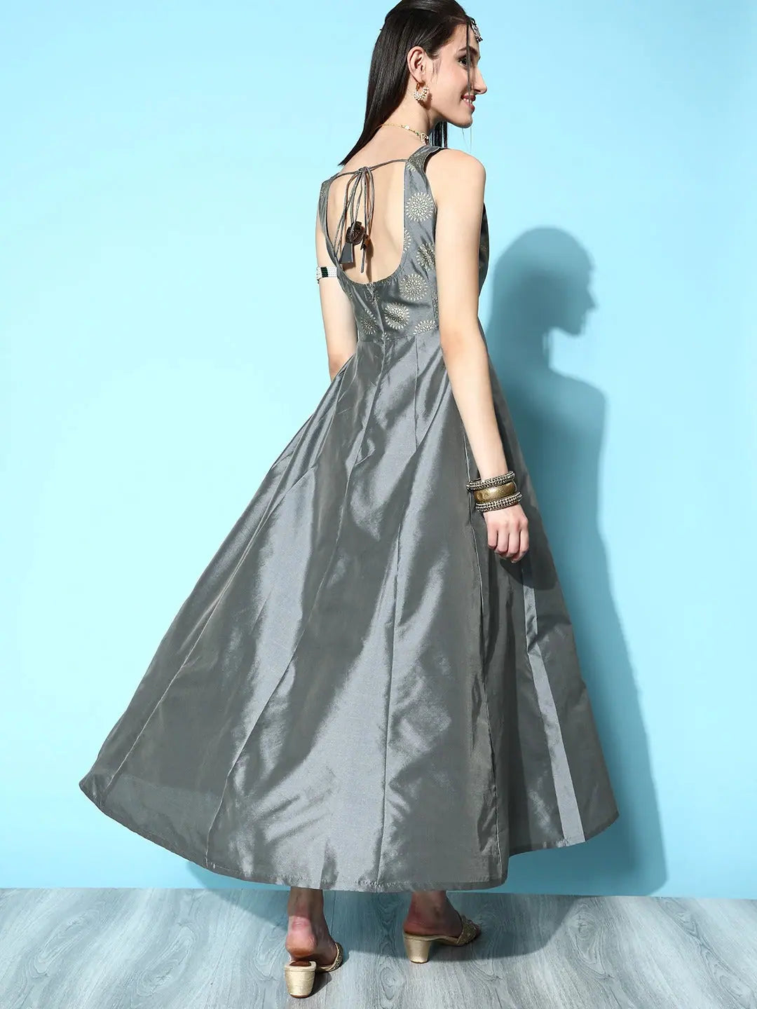 Grey Brocade Anarkali Dress | Sleeveless Anarkali Kurti for Women