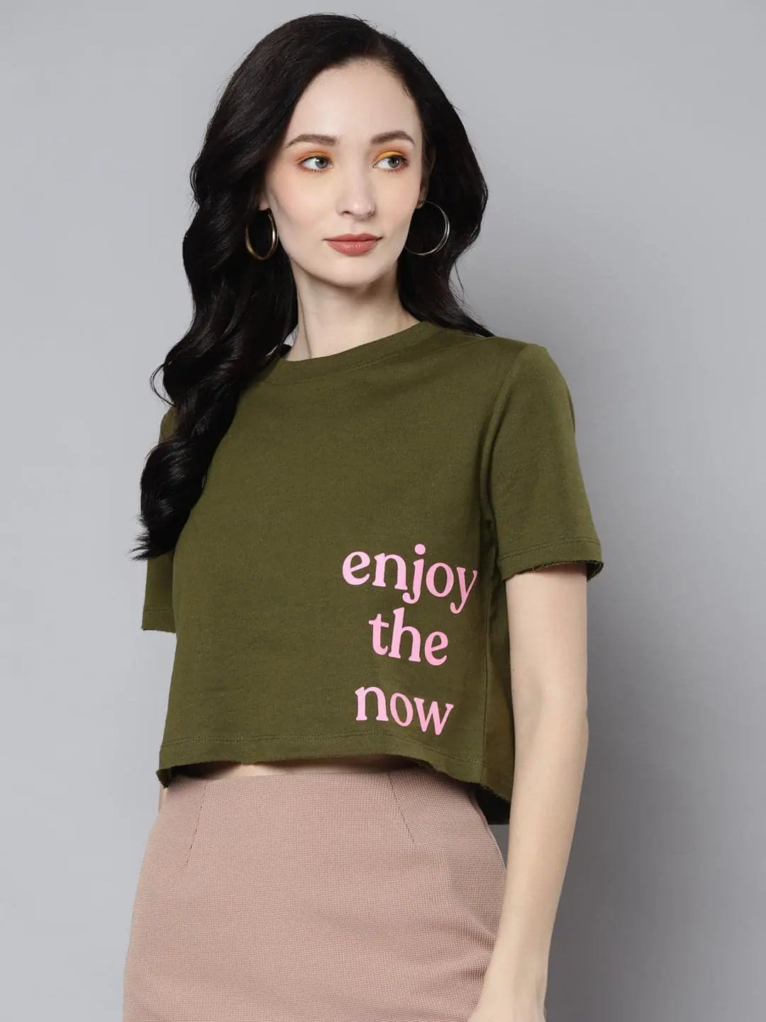 Women's Olive Crop Top - Terry ACTIVE ENJOY THE NOW T-Shirt