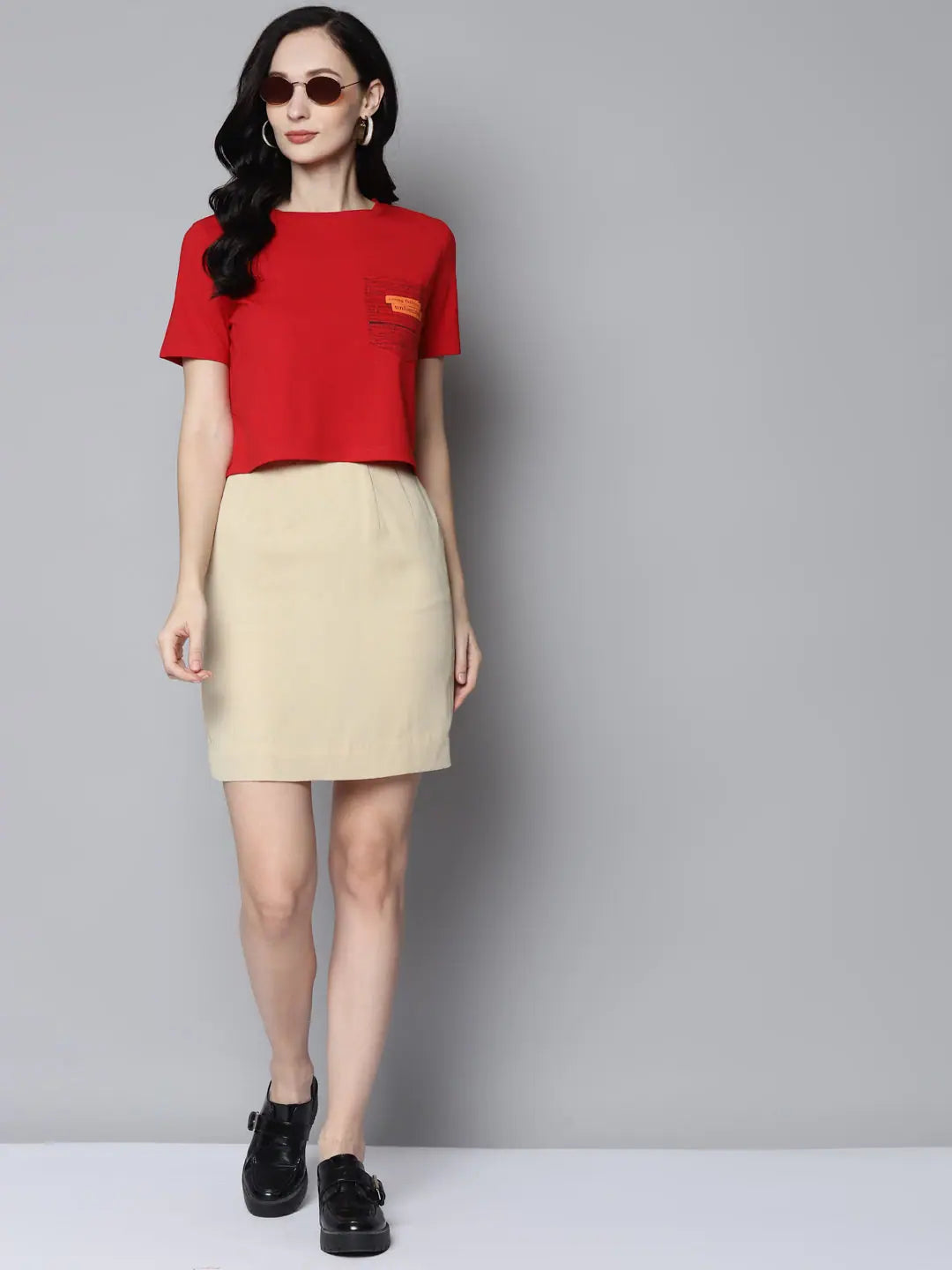 Red Newspaper Print Crop Top - Women's Fashion T-Shirt
