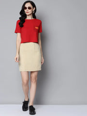 Women Red Newspaper Pocket Crop T-Shirt