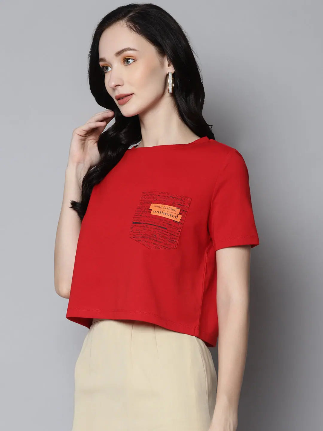 Red Newspaper Print Crop Top - Women's Fashion T-Shirt