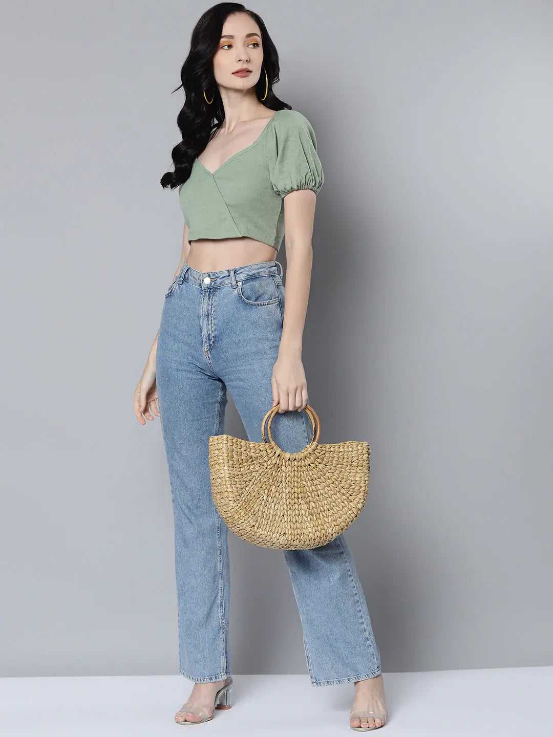 Olive Rib Puff Sleeve Crop Top | Trendy Women's Fashion