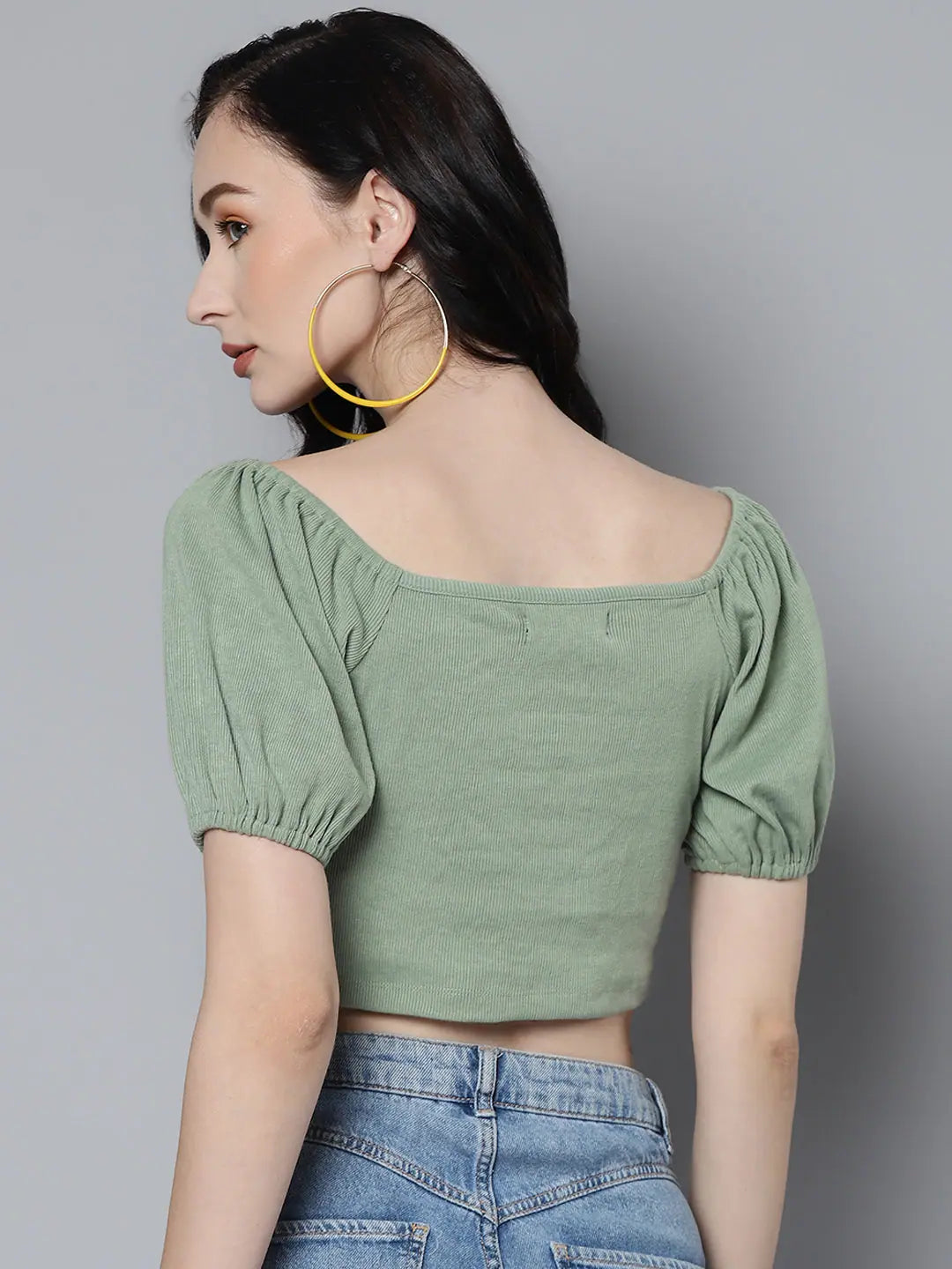 Olive Rib Puff Sleeve Crop Top | Trendy Women's Fashion