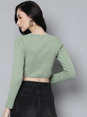 Women Olive Rib Long Sleeves Square Neck Crop Top